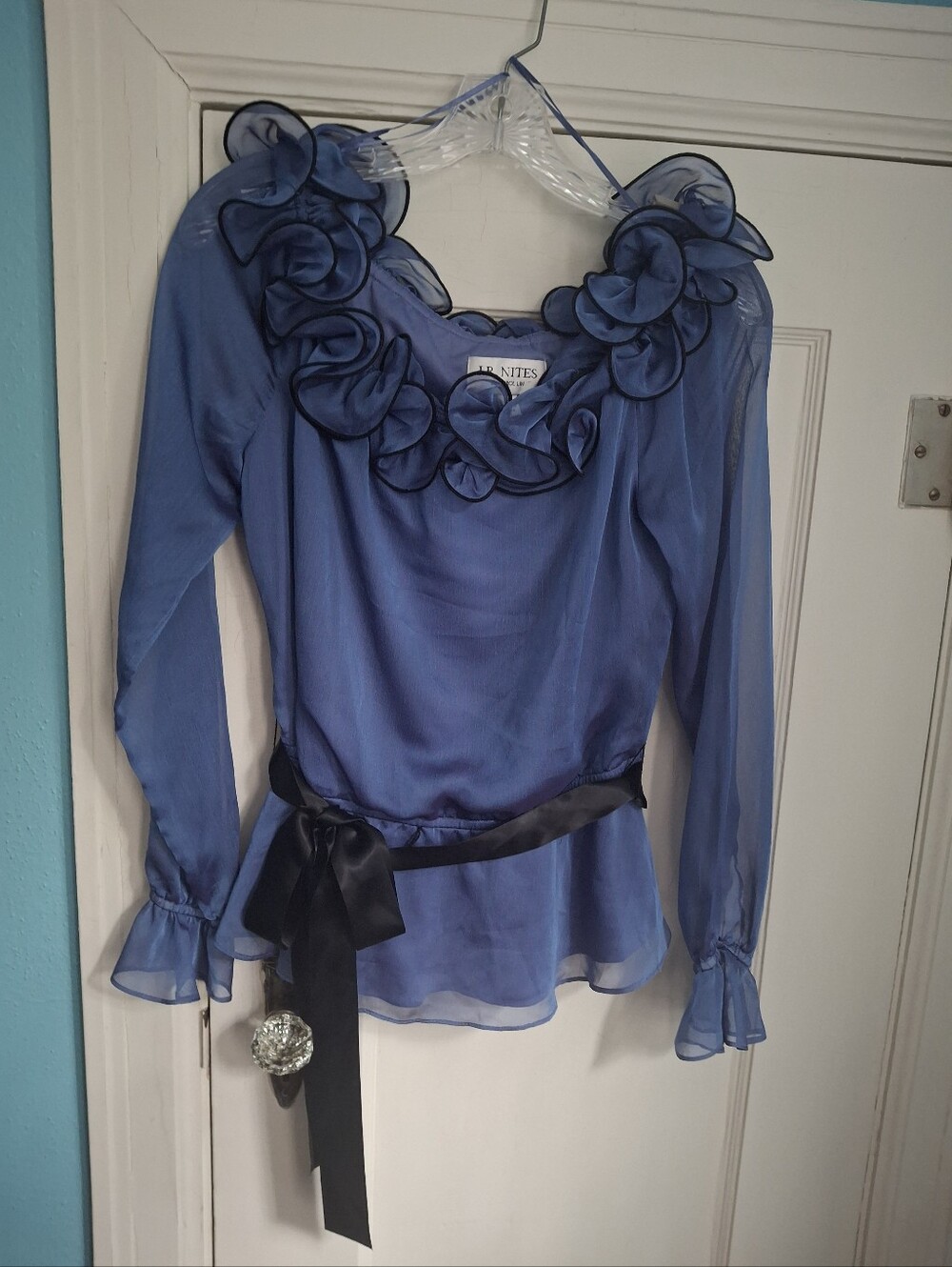 BLUE CHIFFON RUFFLED BLOUSE, Women's 6 J.R. NITES BY CAROL IN